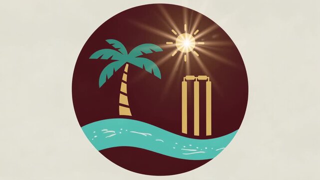 Tropical cricket scene with palm tree river sun and wickets summer sports concept