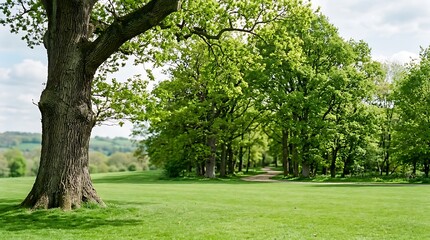 Obraz premium Large old oak tree with textured bark standing on a lush green grassy field in a park with a row of trees in the background, under a bright sky