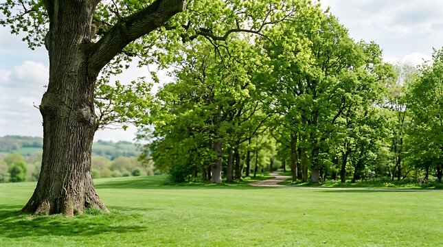 Large old oak tree with textured bark standing on a lush green grassy field in a park with a row of trees in the background, under a bright sky