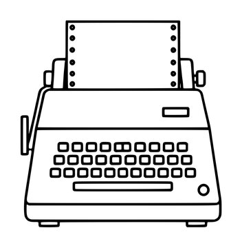 Hand-traced vector icon of a vintage telex machine featuring a continuous paper tape strip, classic keyboard layout, and rounded mechanical body rendered in clean black line illustration style