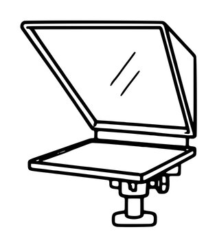 Hand-drawn teleprompter vector icon illustration with flip-up glass mirror, adjustable mounting base, and clamp stand for studio broadcasting