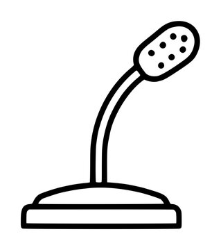 Hand-traced vector icon illustration of a classic bank teller microphone on a curved desktop stand, rendered in clean black minimalist line art style with dot texture details on the head
