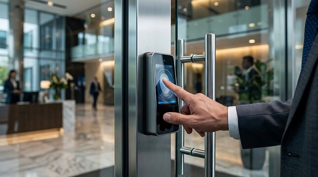 Close-up of a professional businessman touching a biometric fingerprint scanner to gain secure access through a modern glass entrance door inside a corporate office building lobby area.