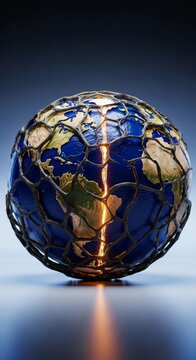 A spherical puzzle globe crafted from textured wooden roots featuring deep blue oceans and beige land with glowing gold sap flowing inside, texture, sap, sphere
