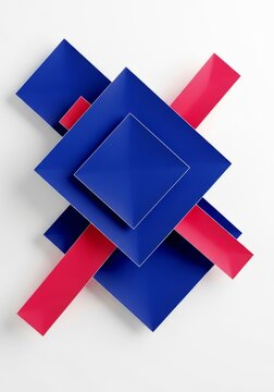 A striking geometric composition featuring overlapping sharp squares and long rectangles in deep royal blue and crimson red on white, rectangles, simple, asymmetry
