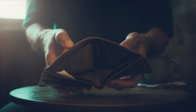 Hand opening a completely empty wallet in low light environment.