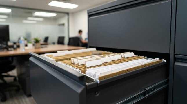 Open filing cabinet drawer filled with labeled manila folders and crisp white documents in a modern corporate office workplace setting for record management and paperwork organization