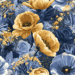 Obraz premium Golden and blue floral seamless pattern with large stylized poppies and roses creating modern botanical design