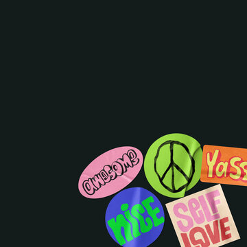 Self-love typography background, cute doodle badges