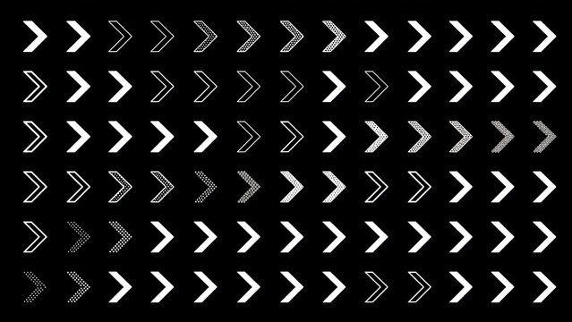 Assorted white chevron arrow symbols arranged in grid on black background with v shape direction pointing navigation abstract collection