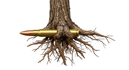 Fototapeta premium Bullet with Tree Roots Embedded in Bark and Soil in Creative Concept