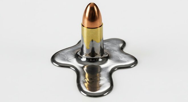 Bullet in Metallic Liquid Spill on White Surface