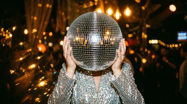 Person holding large mirrored disco ball obscuring face wearing sequined jacket at glamorous party with warm string lights and crowd in background