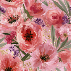 Obraz premium Seamless floral pattern with pink and red flowers, green leaves, and gold accents creating soft, elegant, and artistic design