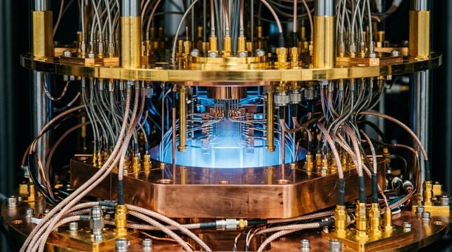 Macro shot of a quantum computing processor inside a gold-plated dilution refrigerator chamber, featuring cascading tiered stages, intricate copper wiring, cables, and a glowing blue quantum chip at