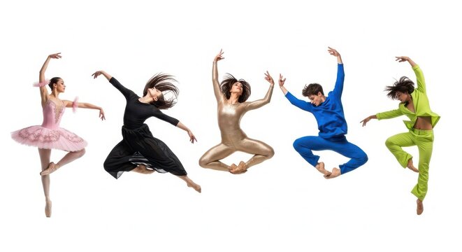 Five ballet dancers in colorful pixel art jumping pose