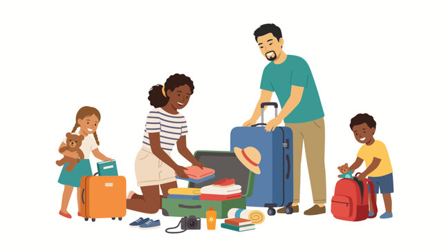 Family packing suitcases for a vacation trip with kids and luggage