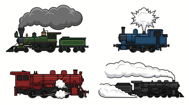 Set of four cartoon steam train locomotives in different colors.