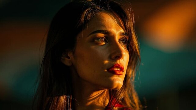 Portrait of a beautiful woman with dramatic lighting looking away in thoughtful expression