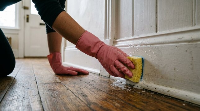 Hands in pink rubber gloves scrubbing white painted baseboard with yellow sponge on worn wooden floor, suds clinging, indoor home cleaning scene, close up domestic chore