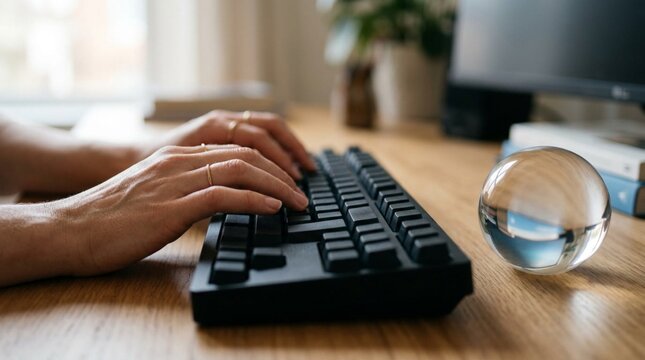 Hands typing on black computer keyboard beside transparent glass sphere reflecting soft natural window light on wooden desk workspace photography in bright home office interior
