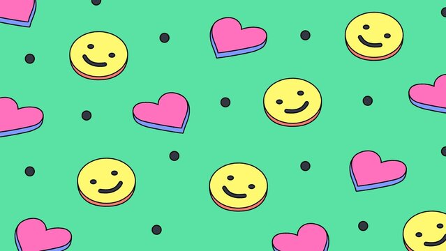 Seamless Pattern of Cute Smiling Faces and Pink Hearts on a Green Background, Fun Retro Design