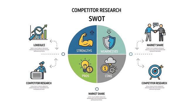 Competitor research SWOT analysis infographic with icons.