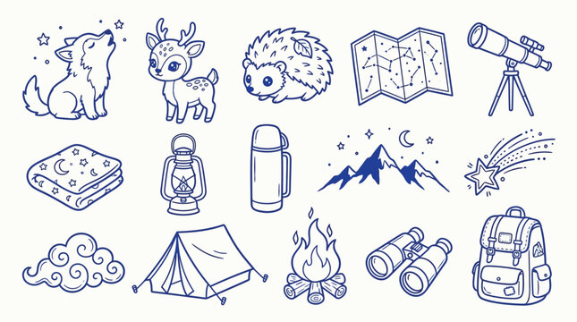Cute Hand-Drawn Camping and Nature Icons for Outdoor Adventures.