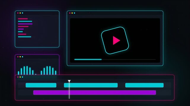 Modern neon video editing software interface with timeline audio visualizer and media player on dark background