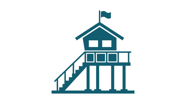 Minimalist vector illustration of a teal lifeguard tower featuring structural stairs and a waving flag design
