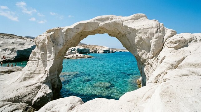 White volcanic rock arch framing turquoise water at Sarakiniko beach, Milos island, Greece, with tiny visitors exploring the moonlike landscape under a clear blue sky