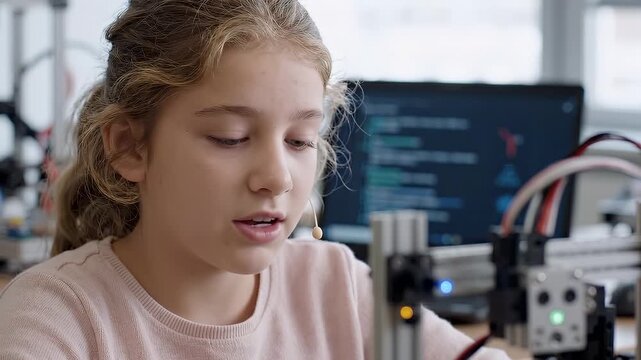 Young Blonde Girl Speaking While Participating In A STEM Robotics And Computer Programming Class