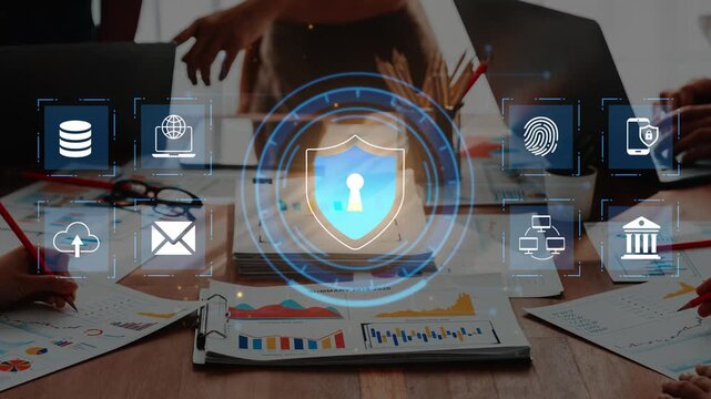 Digital security concept with diverse hands demonstrating teamwork, technology, data protection, and information security on a wooden table with devices Gluon.