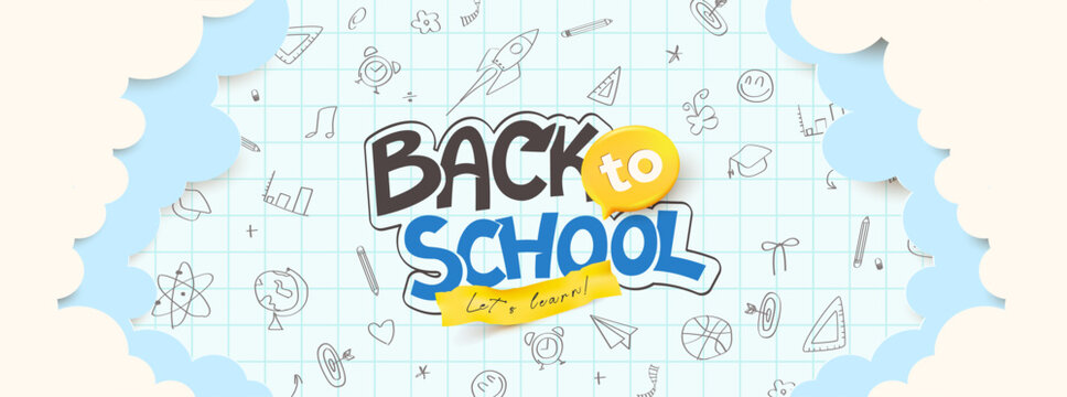 back to school on lined paper background and cloud with paper cut layout decorate school supplies hand drawn icon