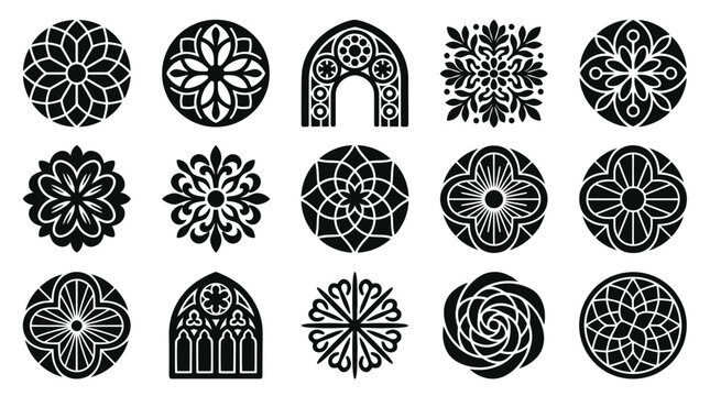 Collection of intricate gothic rose window and architectural ornament designs.