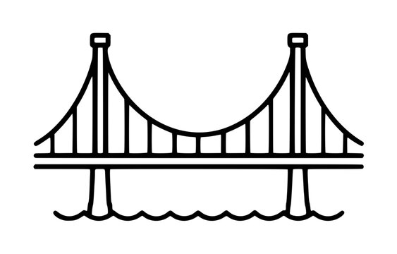Hand-drawn black and white vector icon illustration of a classic suspension bridge with two tall towers, hanging cables, deck over wavy water, minimalist line art style, isolated on white background,