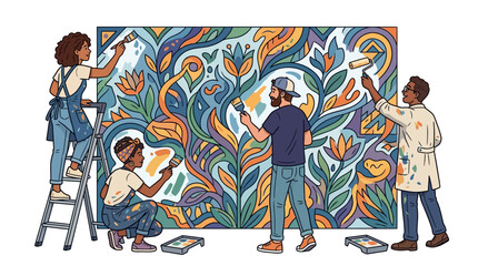 Diverse artists painting a vibrant floral mural together © Rejeki