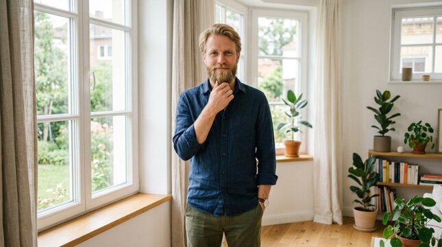 Bearded blond man in mid-30s thoughtfully touching beard, standing in bright airy living room with large windows, white curtains, indoor plants, bookshelves, hardwood floor, natural daylight, casual