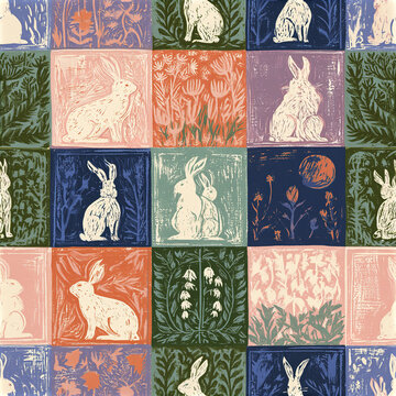 Seamless patchwork rabbit pattern featuring colorful linocut style with floral and nature elements in soft pastel tones
