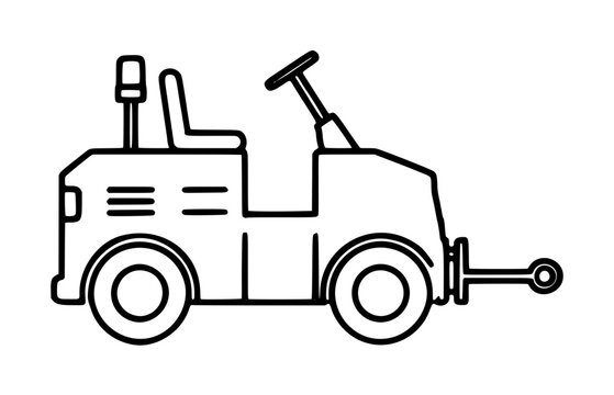 Hand-drawn vector icon illustration of a classic airport tow tractor tug with towing bar wheels seat and exhaust stack outlined in black on white background