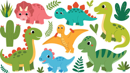 Cute Baby Dinosaur Cartoon Vector Illustration Set Featuring T-Rex Triceratops Brachiosaurus Stegosaurus Pterodactyl and Tropical Jurassic Leaves © Sarifa