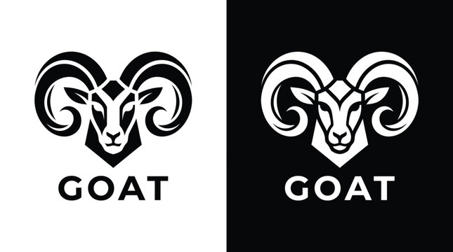 Minimalist vector illustration featuring a stylized ram head design with bold black and white shapes