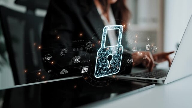 Cybersecurity protection system showing password encryption, fingerprint ID, cloud security, email, credit card, and database lock for secure data access Marrow