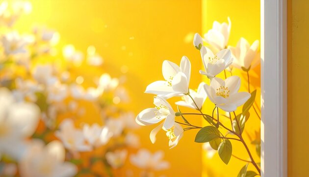 Spring is here. White spring flowers entering through the door on yellow background with copy space. 3D Rendering, 3D Illustration symbol