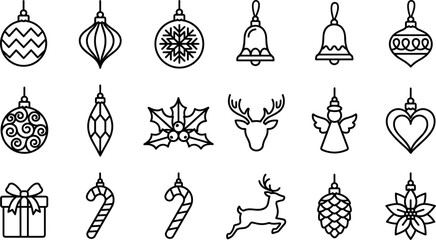 Vector black line art Christmas ornament set with baubles bells reindeer angel candy cane and pinecone © Khairul