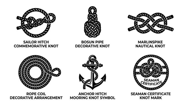 Set of vintage nautical rope knot symbols and marine icons.