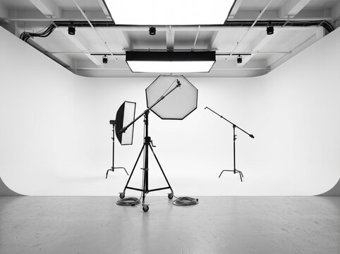 Professional Photography Studio with Lighting Equipment and White Cyclorama Wall