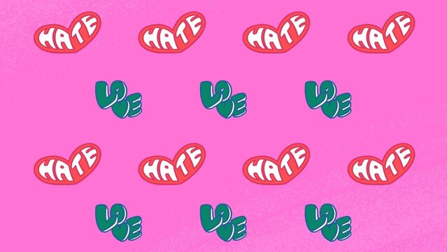 Love vs Hate Concept: Repeating Pattern of Heart Shapes with "HATE" and "LOVE" Text on Pink Background