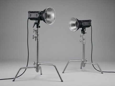 Two professional studio strobes on stainless steel C-stands with honeycomb grids.