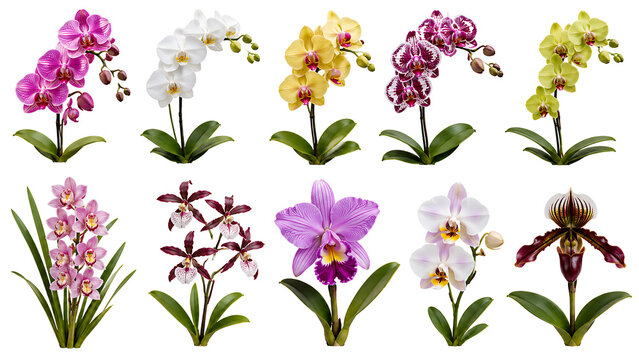 Collection of Colorful Orchid Flowers Isolated on White